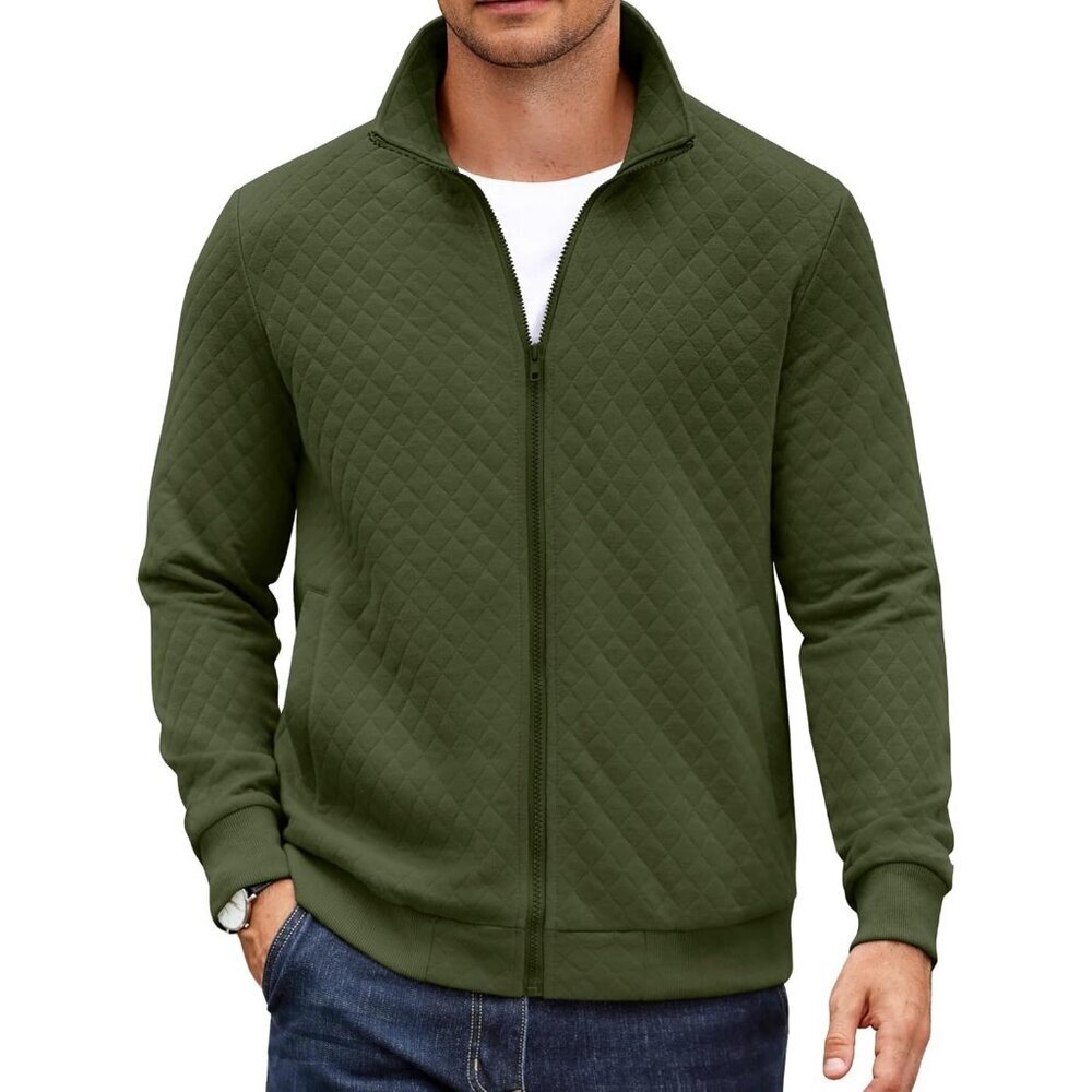 COOFANDY Men Army Green Zip Up Mock Neck Quilted Lightweight Sweater Jacket